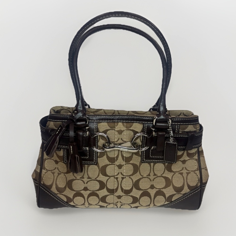 Authentic Coach Signature Hampton Canvas Jacquard Tote Brown Leather